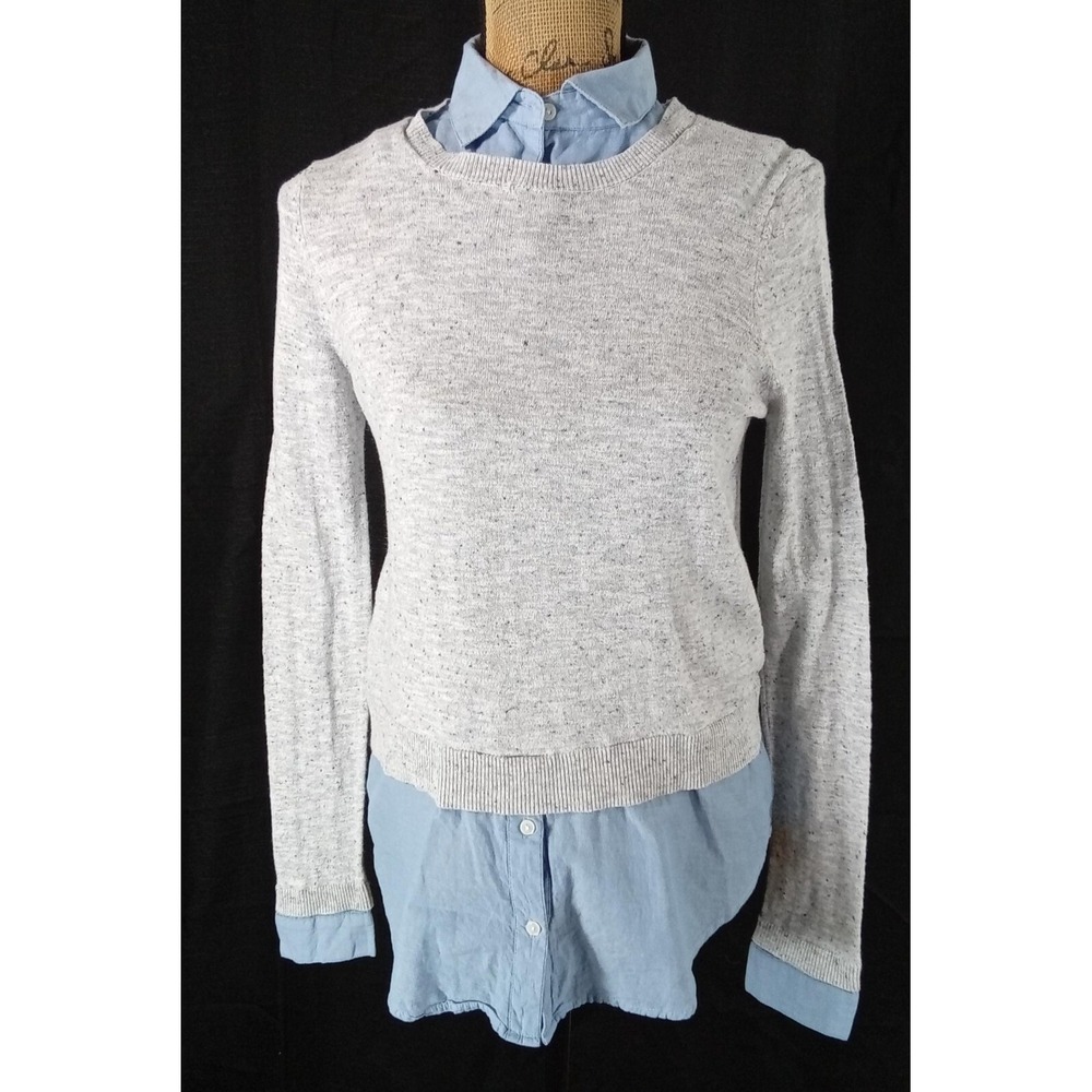 LOFT Petite Sweater Layer SMALL Heather Gray Blue Top Long Sl Collar Preppy‎